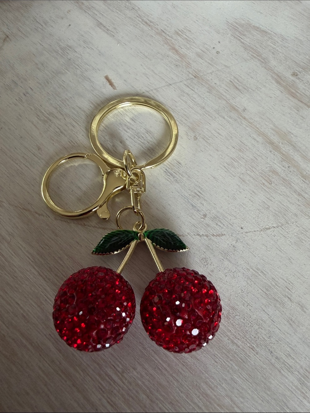 Gold Cherry Crystal Keychain - Red Cherry Charm
